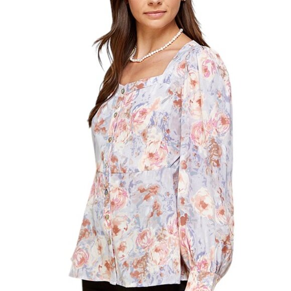 Floral Sweetheart Neckline Button Down Pink, Purple, and White Blouse - Picture 2 of 7